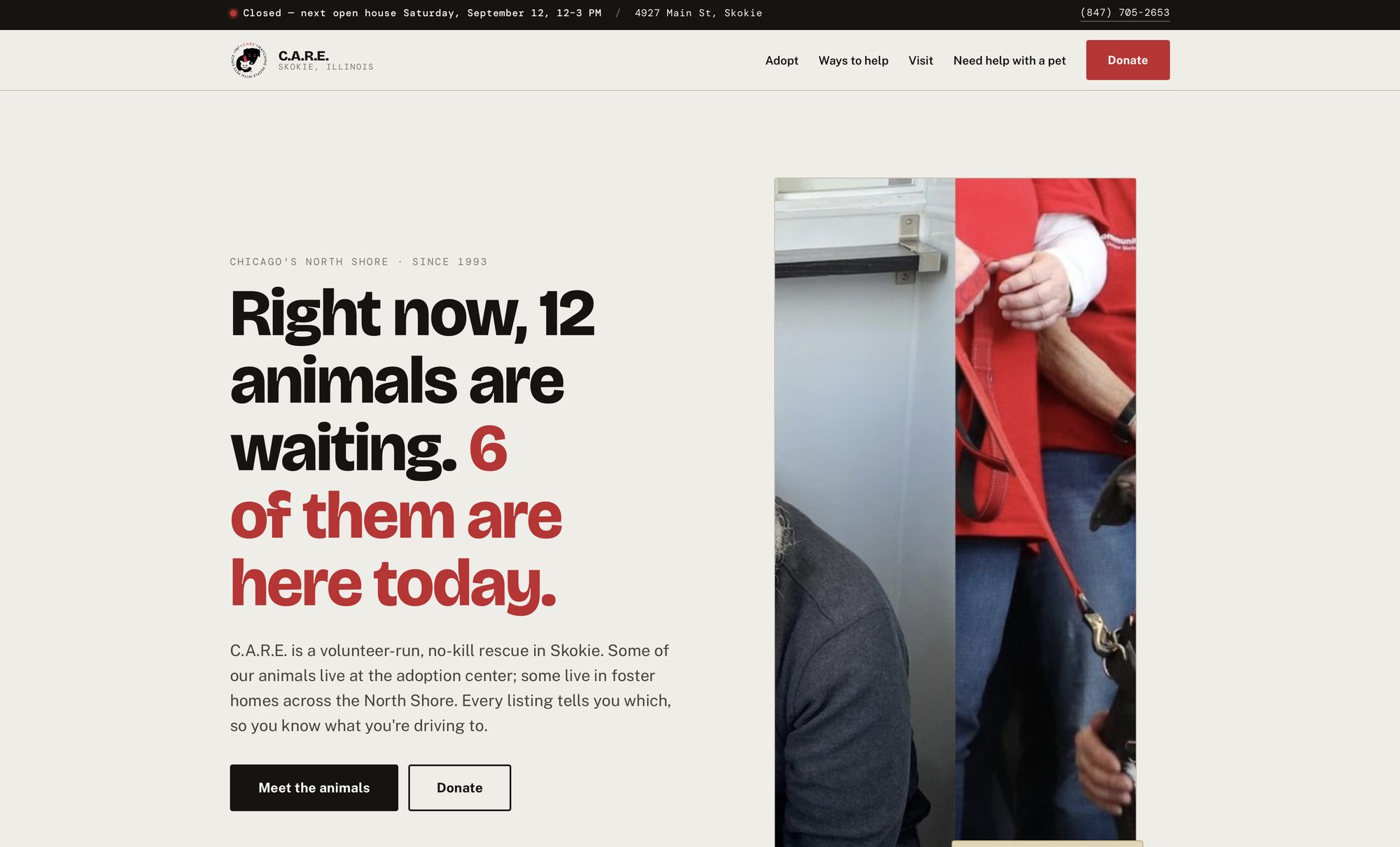 Homepage hero with a live status bar reading closed, next open house Saturday September 12, a headline stating twelve animals are waiting and six are here today, and two buttons.