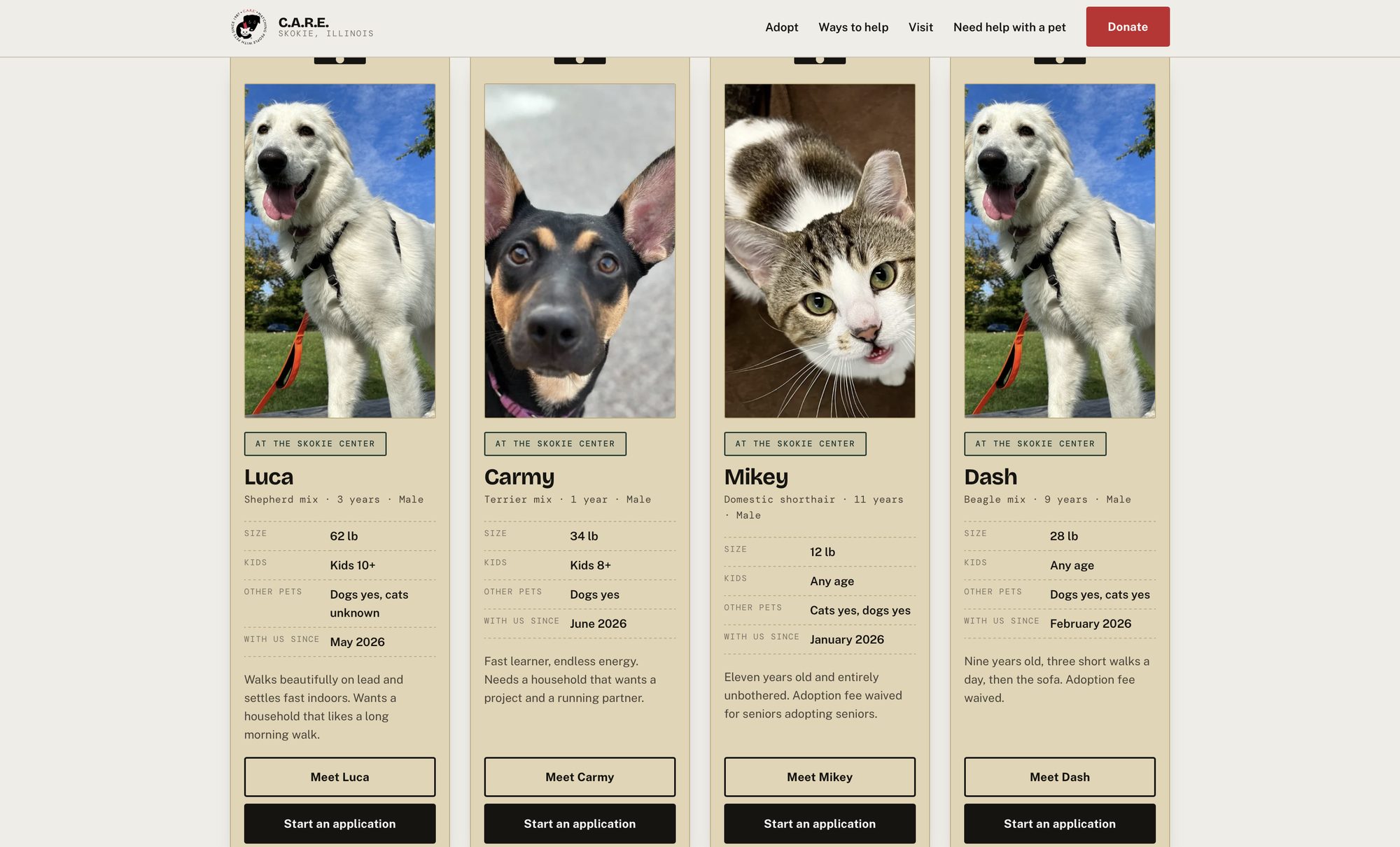 Four manila kennel cards with clip hardware, each stamped at the Skokie center, showing name, breed, age, a typed field grid, and two buttons.