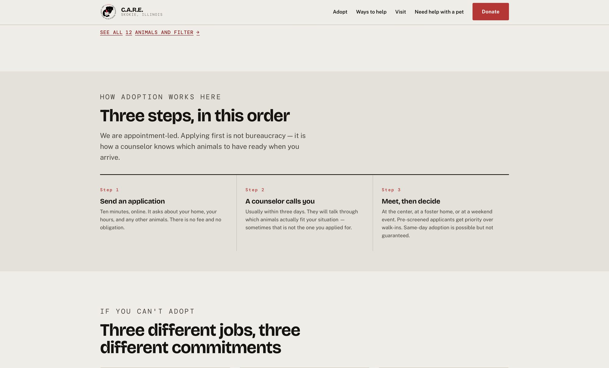 Three-column section headed Three steps, in this order — send an application, a counselor calls you, meet then decide.