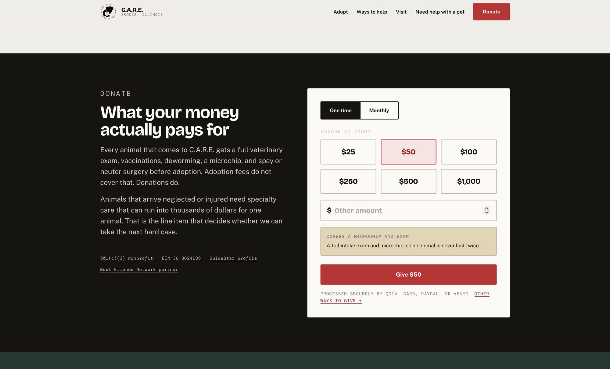 Donation module on a dark ground with a one-time and monthly toggle, six preset amounts, a custom field, and impact copy tied to the selected amount.