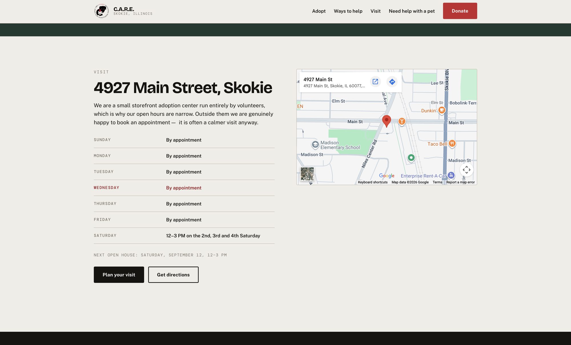 Homepage visit block with a seven-row hours table, today's row highlighted in red, the computed next open house date, and an embedded map of Main Street in Skokie.