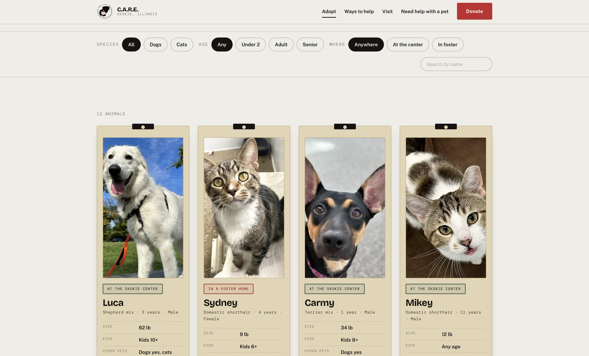Adoption browse page with filter chips for species, age and location, a search field, a count reading twelve animals, and a grid of kennel cards.