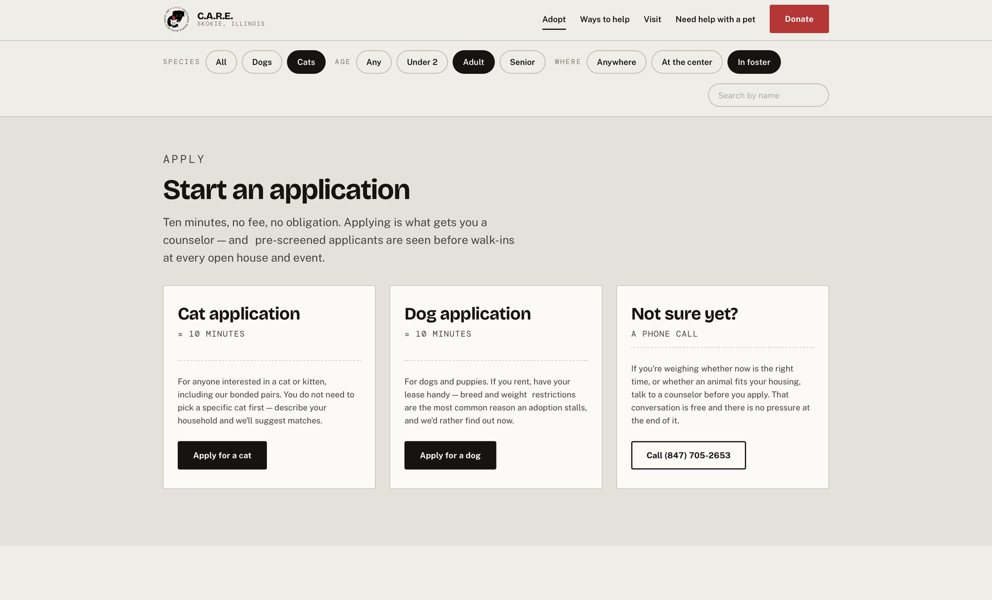Apply section with three cards — cat application, dog application, and a phone call for anyone not sure yet.