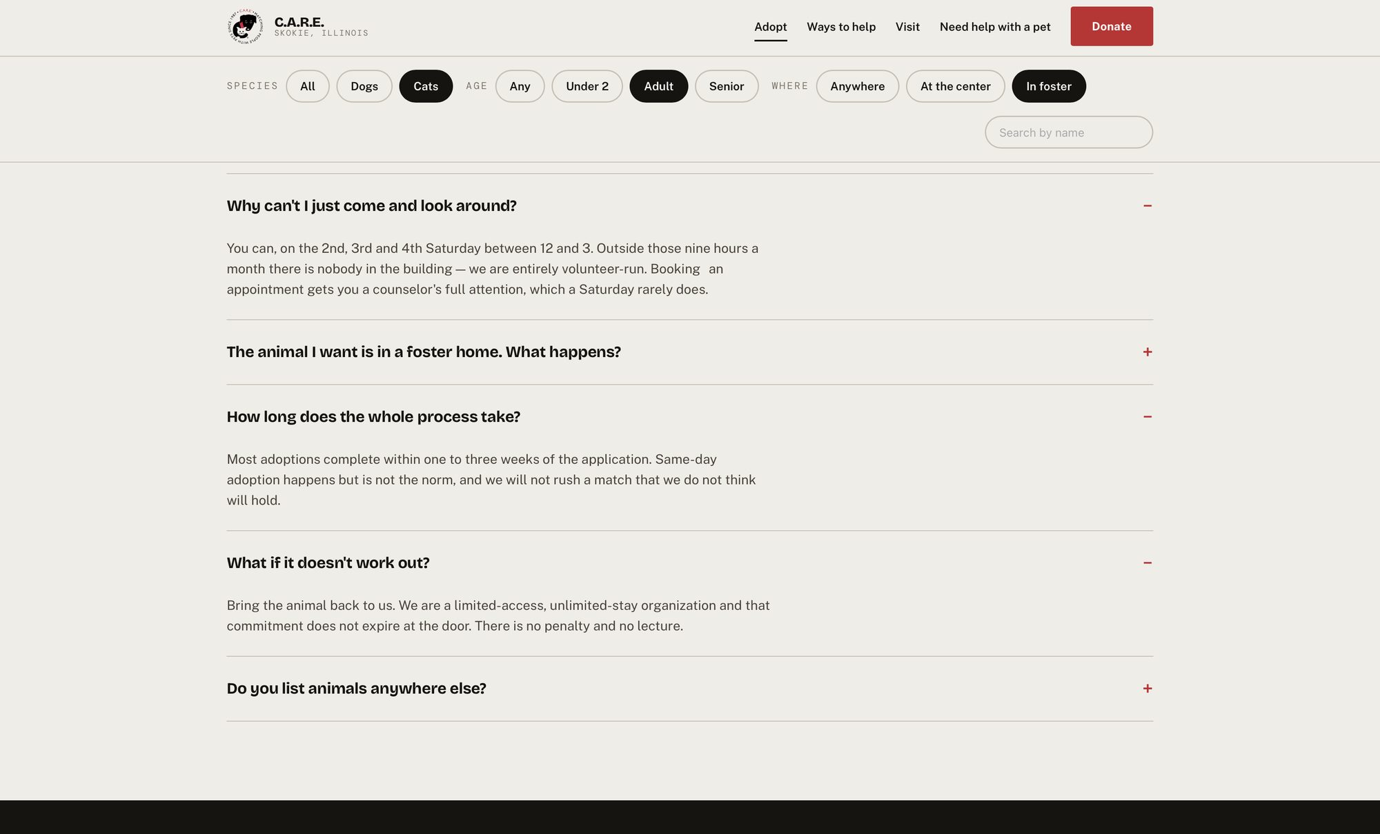 An expanded FAQ accordion answering why you cannot just come and look around, how long the process takes, and what happens if it does not work out.