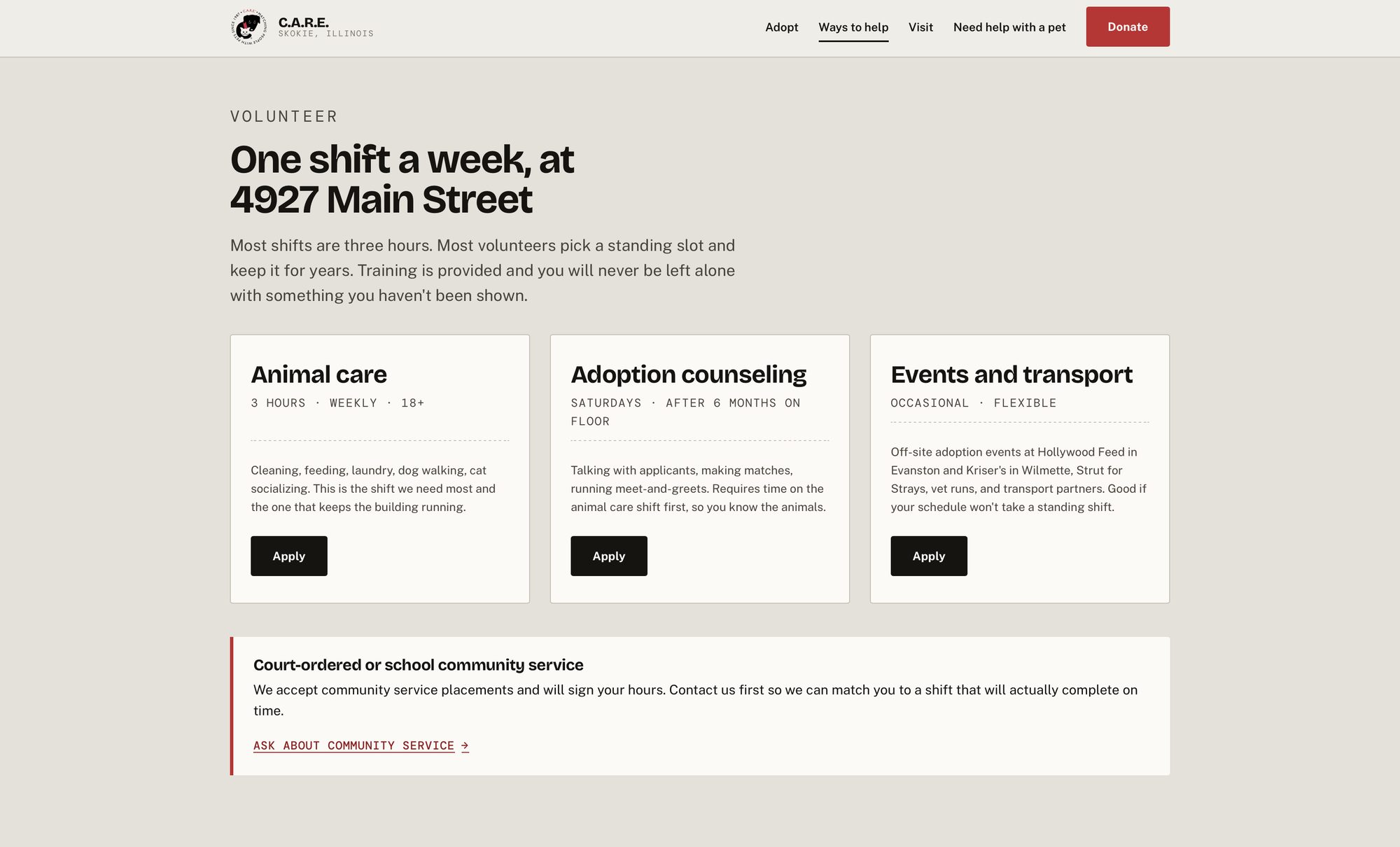 Volunteer section with three cards — animal care, adoption counseling, events and transport — each with a commitment line, plus a note about court-ordered community service.