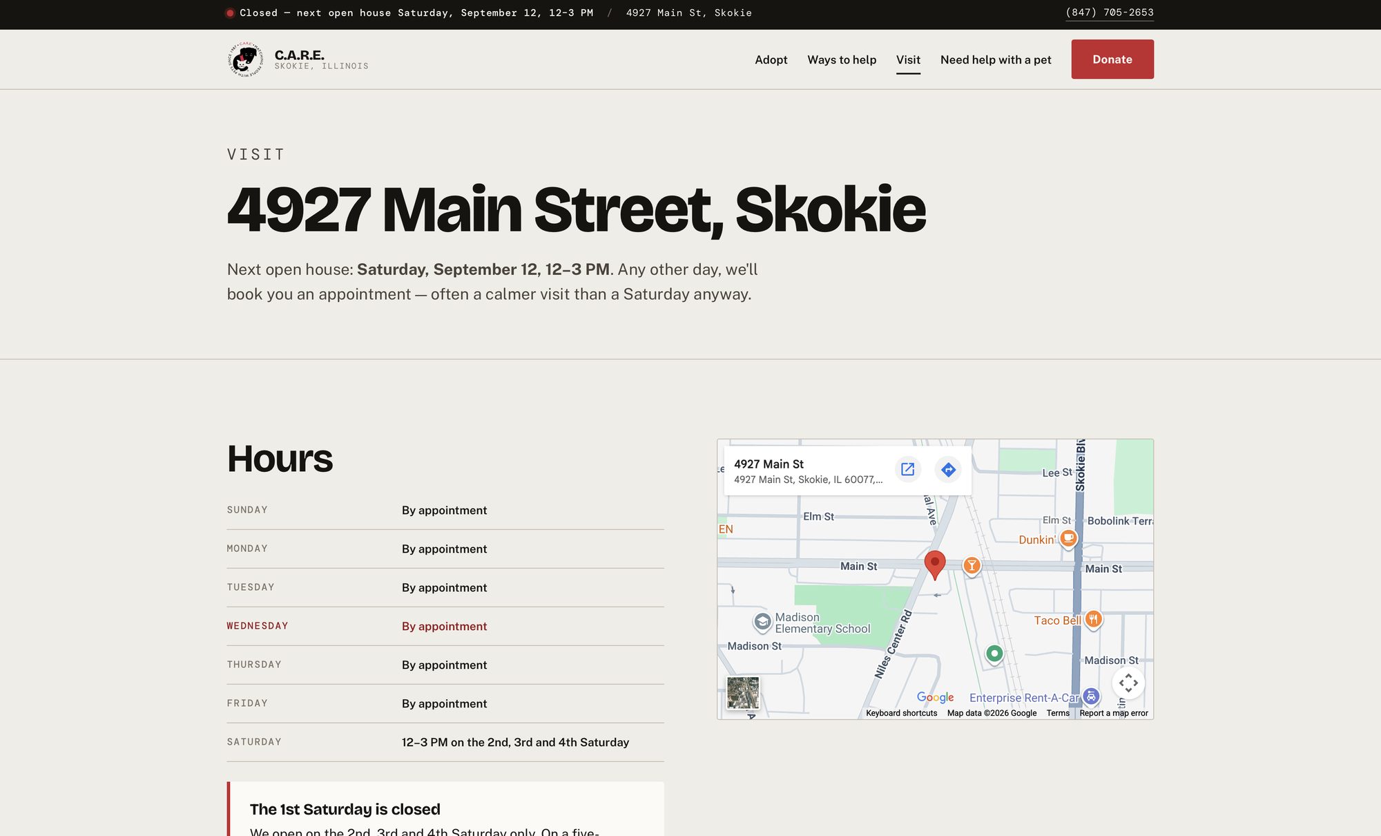 Visit page with the next open house stated in the standfirst, a full hours table, and a map.