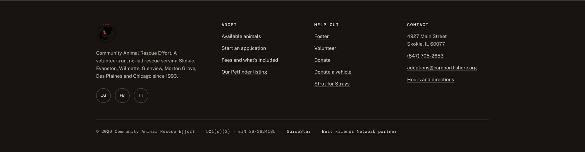 Site footer in four columns — organization description with social links, adopt links, help links, and contact details including address, phone number and email.